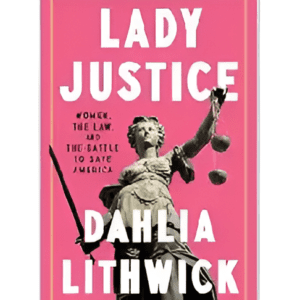 Lady Justice book cover, pink background.