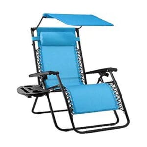 A blue lawn chair with an umbrella on top of it.