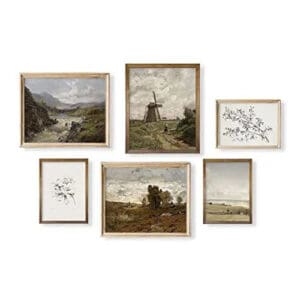 A group of six paintings on display in frames.