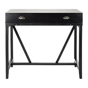 A black desk with two drawers and a metal frame.
